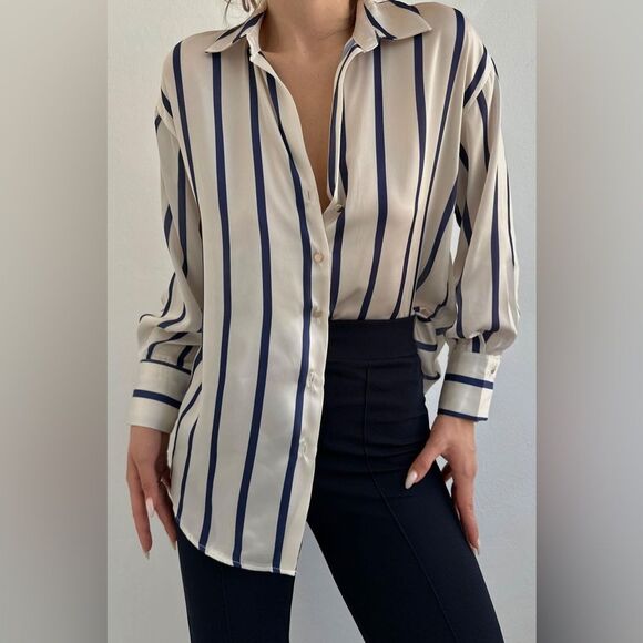 NWT Satin Effect Shirt ~ Navy Blue and Ivory Striped - Picture 4 of 14